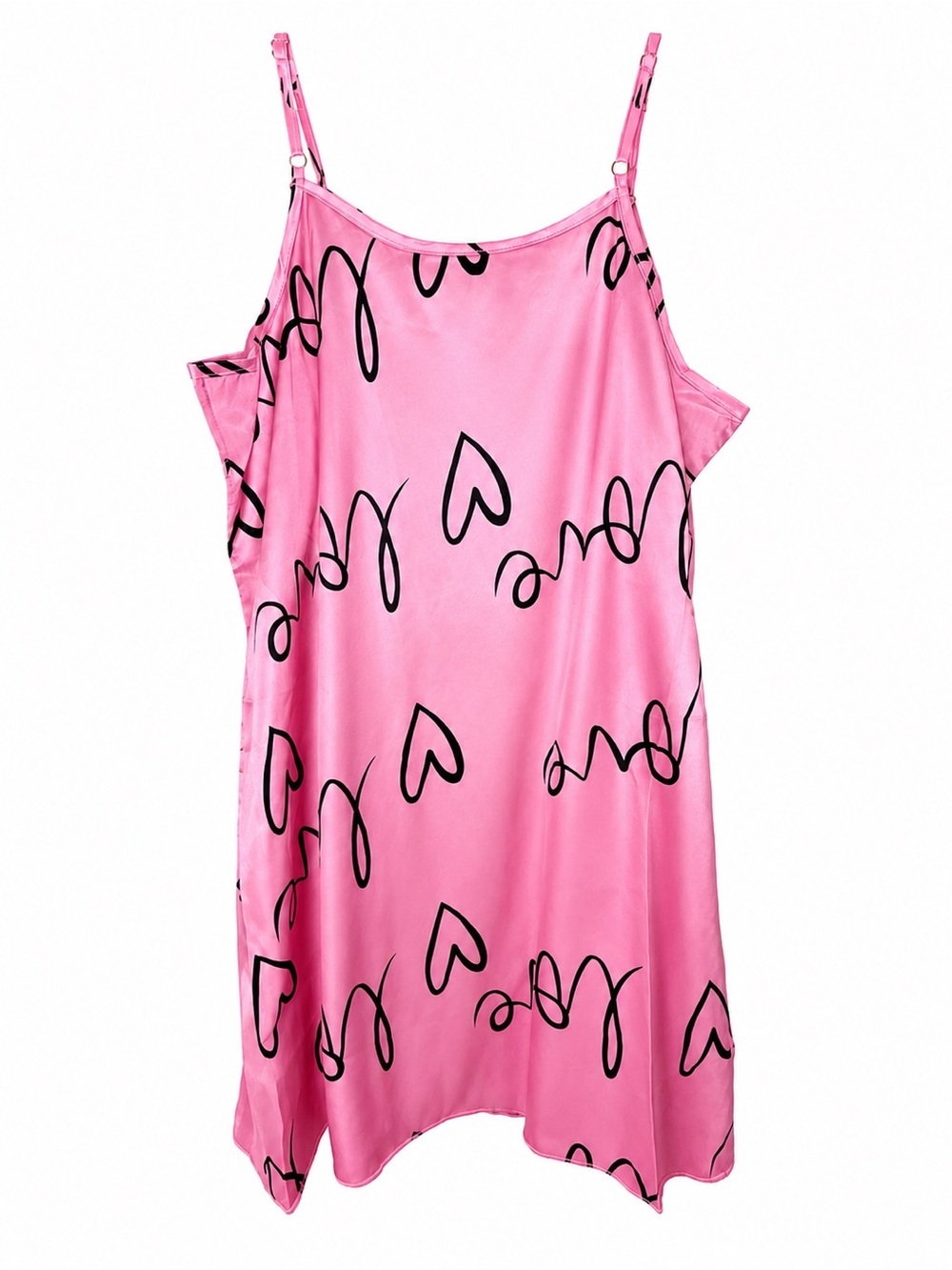 Women's Pink Heart-Print Satin Chemise Slip- Adjustable Straps